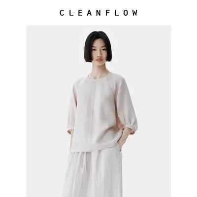 CLEANFLOW | 100%纯汉麻中式花苞袖圆领衬衫女2026春秋季新款衬衣
