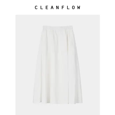 CLEANFLOW | 白色斜纹亚麻松紧腰伞裙女设计感2026夏新款气质裙子