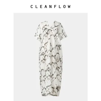 【艺术家系列】CLEANFLOW | 天然苎麻印花茧型V领连衣裙女高级感