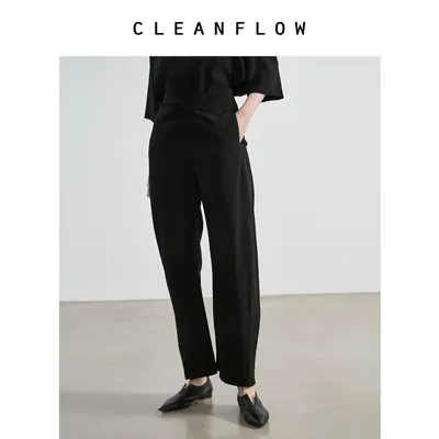 CLEANFLOW | 黑色桑蚕真丝23姆米重双绉扭结立体裁剪O型烟管裤女