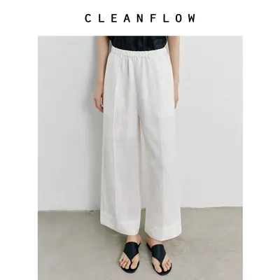 CLEANFLOW | 亚麻汉麻轻巧松紧腰九分直筒窄腰头休闲裤女气质西裤