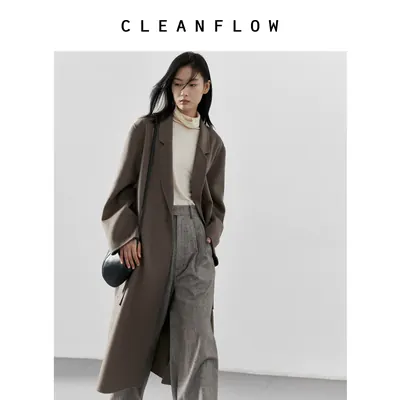CLEANFLOW | 山谷褐色细水波纹羊毛山羊绒双面呢西装领大衣高级感