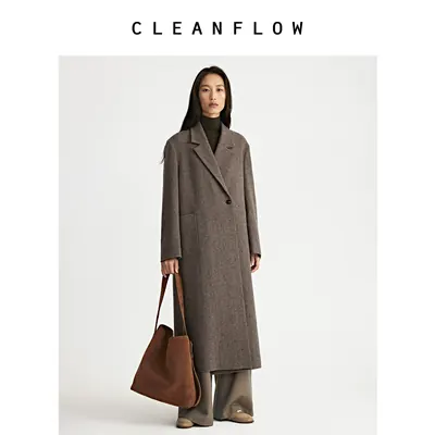 CLEANFLOW | 坚果棕人字双排扣毛呢外套女高级感气质时尚高端大衣
