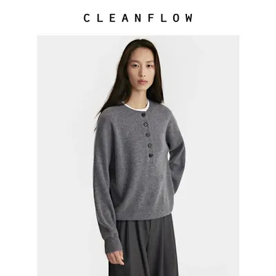 CLEANFLOW | 山羊绒小圆领半开襟套头毛衣女秋秋款打底针织衫宽松