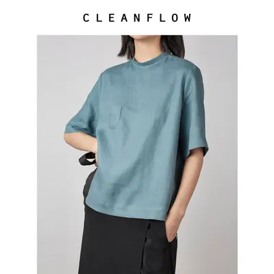 CLEANFLOW | 墨蓝酵素水洗亚麻圆领五分袖袖宽松T恤女2026秋新款