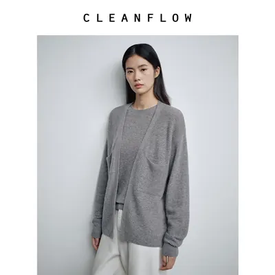 CLEANFLOW | 纯山羊绒正反针织开衫女中式两件套2026秋季新款上衣