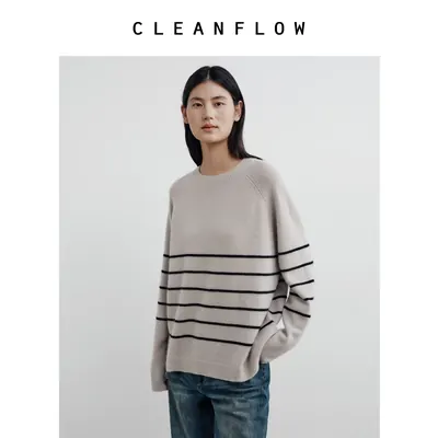 CLEANFLOW | 100%纯山羊绒条纹宽松落肩针织衫女2026秋季新款毛衣