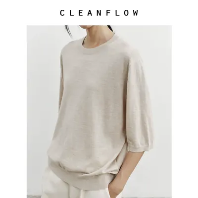 CLEANFLOW精粹系列 | 精纺100%纯山羊绒圆领六分袖套头针织T恤女