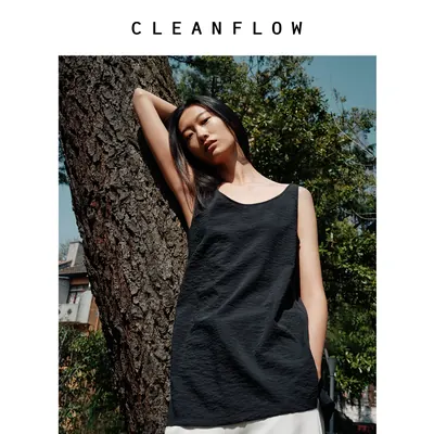 CLEANFLOW | 皱感肌理桑蚕真丝开阔领中长背心女2026夏季新款上衣