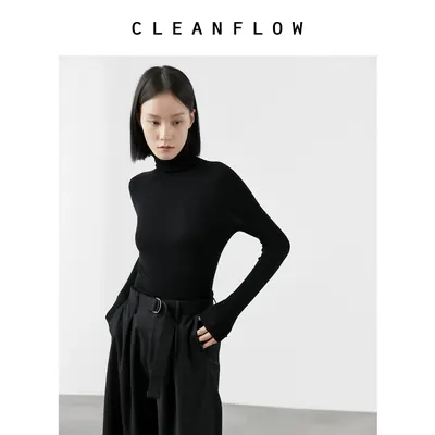 CLEANFLOW | 黑色美利奴羊毛一线无缝早秋薄款针织衫女设计感上衣
