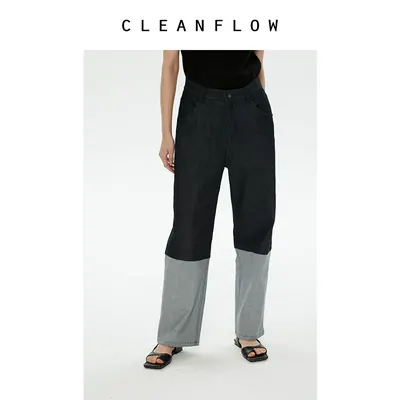 CLEANFLOW | 深靛蓝桑蚕丝棉轻薄拼撞色牛仔直筒休闲九分裤舒适女