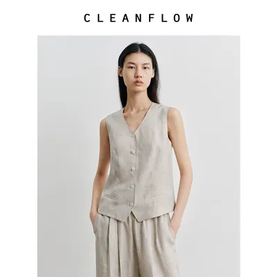 CLEANFLOW | 100%重磅纯亚麻千鸟格复古老钱风马甲背心女无袖上衣