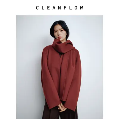 CLEANFLOW | 羊驼绒安可拉红双面弧领毛呢外套女2026冬新款大衣