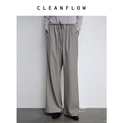 CLEANFLOW | 精纺羊毛卡其色轻巧松紧腰微喇阔腿裤2026秋新款裤子