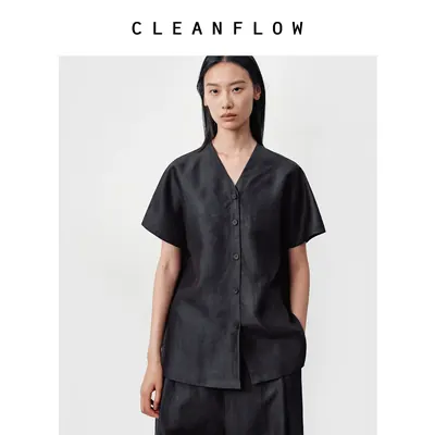 CLEANFLOW | 纯手工平板纹香云纱莨绸重磅桑蚕丝连肩短袖开襟衬衫