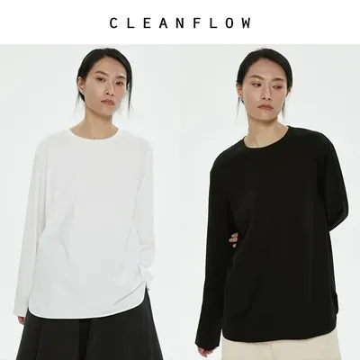 CLEANFLOW | 精梳棉弧形下摆圆领长袖衬衫式T恤女设计感百搭上衣