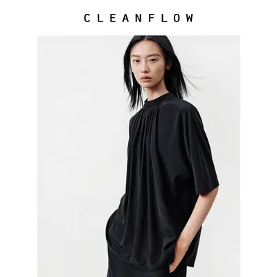 CLEANFLOW | 黑色16姆米双绉桑蚕真丝套头小圆立领碎褶宽松衬衫