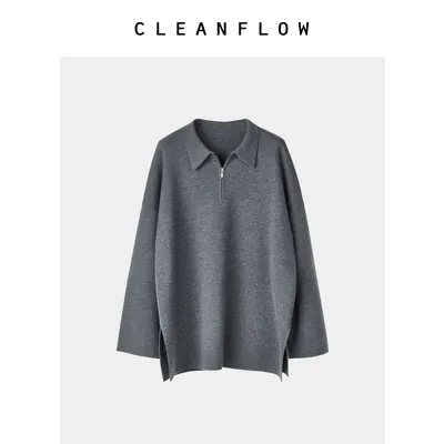 CLEANFLOW | 精纺羊毛针织翻领半开襟套头毛衫卫衣女2026秋季上衣
