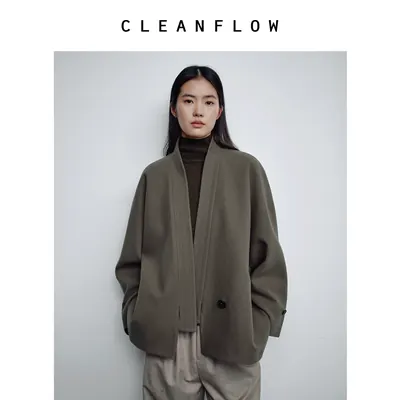 CLEANFLOW | 木棕绿羊毛麦呢中式直领毛呢外套女高级感新款大衣