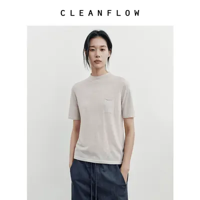 CLEANFLOW丨米灰色超细美利奴羊毛薄款短袖针织衫女2026夏新款T恤