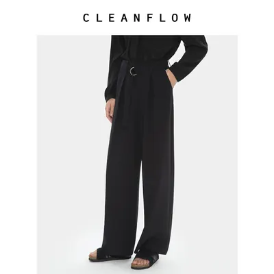 CLEANFLOW | 黑色40姆米弹力重绉腰带直筒西裤休闲宽松甩腿显瘦女