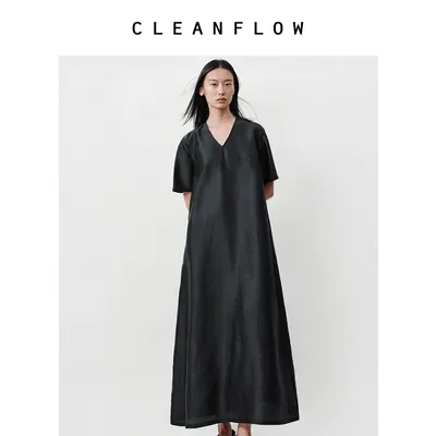 CLEANFLOW | 手工平板香云纱莨绸v领中式连衣裙女2026夏新款袍子