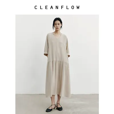 CLEANFLOW | 18姆米真丝双绉碎褶v领中式六分袖连衣裙女小个子