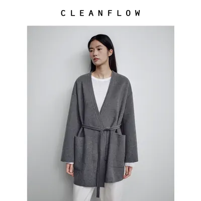 CLEANFLOW | 羊毛羊绒禅领中长毛呢外套女高级感2026冬季新款大衣