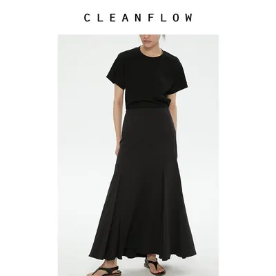 CLEANFLOW | 黑色弹力肌理皱棉紧身鱼尾超长半裙小众薄款半身裙女