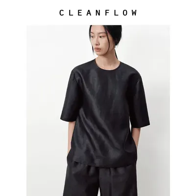 CLEANFLOW | 手工平板纹香云纱莨绸极简中式百搭T恤女2026夏新款