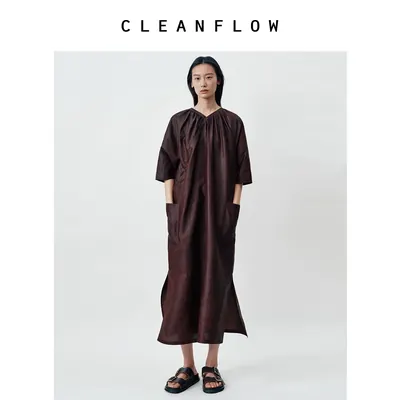 CLEANFLOW | 植物染酒红云纱莨绸重磅桑蚕丝侧门襟V领工装连衣裙