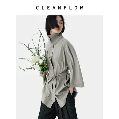 CLEANFLOW | 砂洗真丝立领系带中长风衣外套女高级感2026秋夏新款